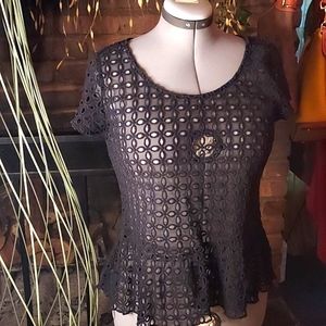 GRISBI Black Sheer Eyelet Peplum Blouse